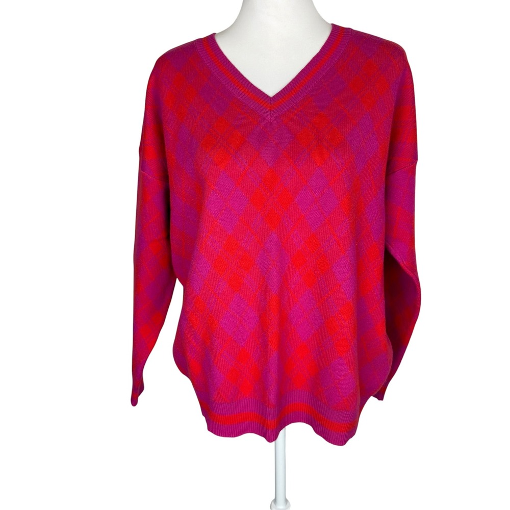 Fate Womens Pink Red Purple Argyle V-Neck Relaxed Fit Rayon Blend Sweater Small